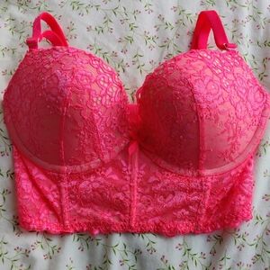 Victoria's Secret Neon Pink Lace Longline Bra runs small
